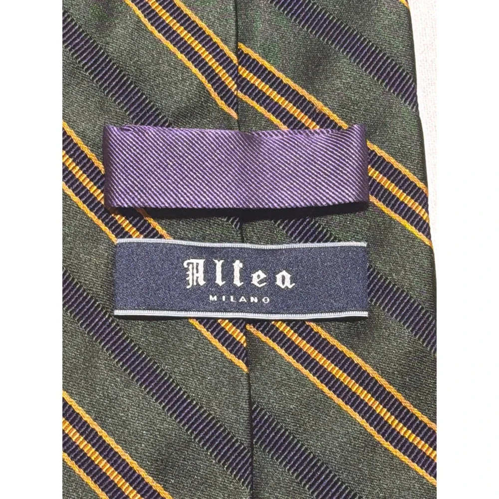 Altea Milano Mens Silk Cotton Striped Tie Green Navy Gold Made in Italy